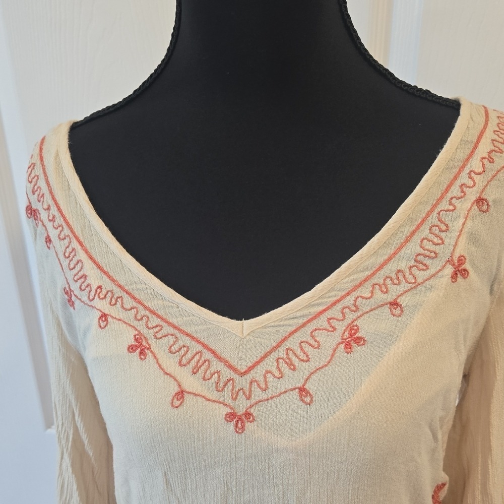 Free People Cream Coral Embroidered Boho Bell Sleeve Tunic Mini Dress XS - Picture 3 of 10